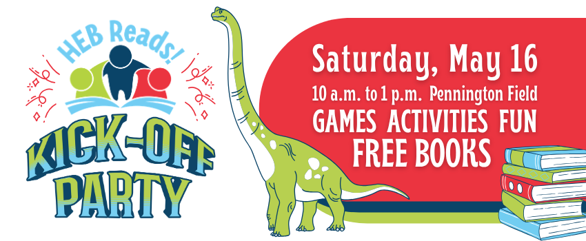 HEB Reads Kick-Off Party on May 16 text with illustration of dinosaur and a stack of books