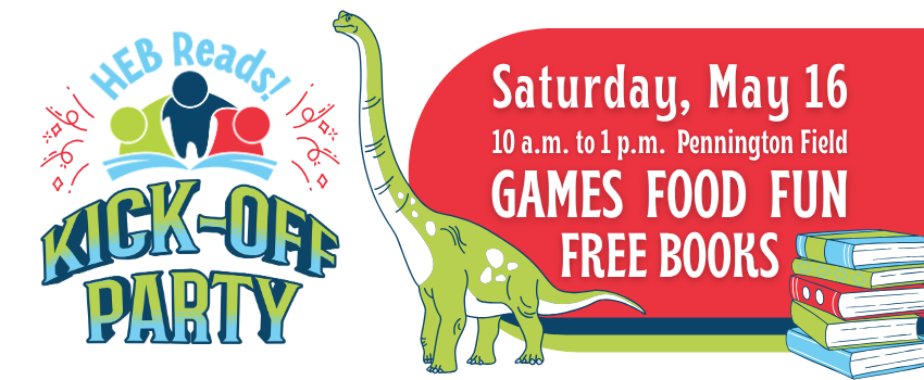 HEB Reads Kick-Off Party on May 16 text with illustration of dinosaur and a stack of books
